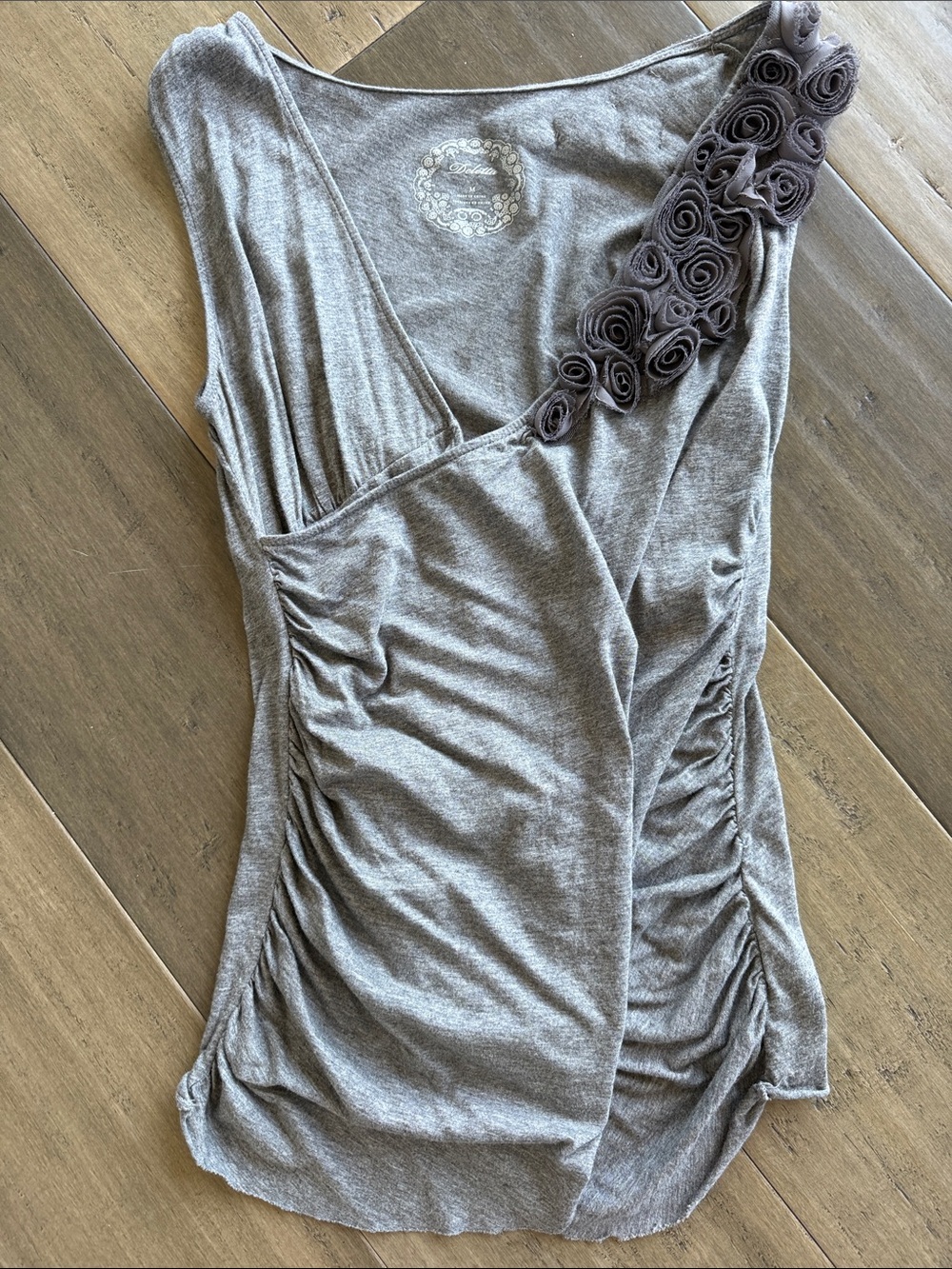 Deletta Gray Sleeveless Ruched Wrap Tank with Rosette Trim